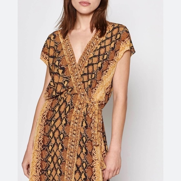 Joie Bethwyn Snakeskin Print Wrap Mini Dress in Fading Sun Brown, Size Small - Picture 7 of 14